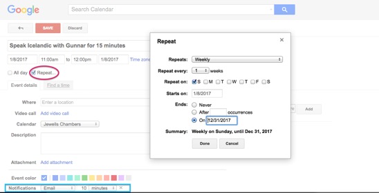 Google calendar example for scheduling language learning goals