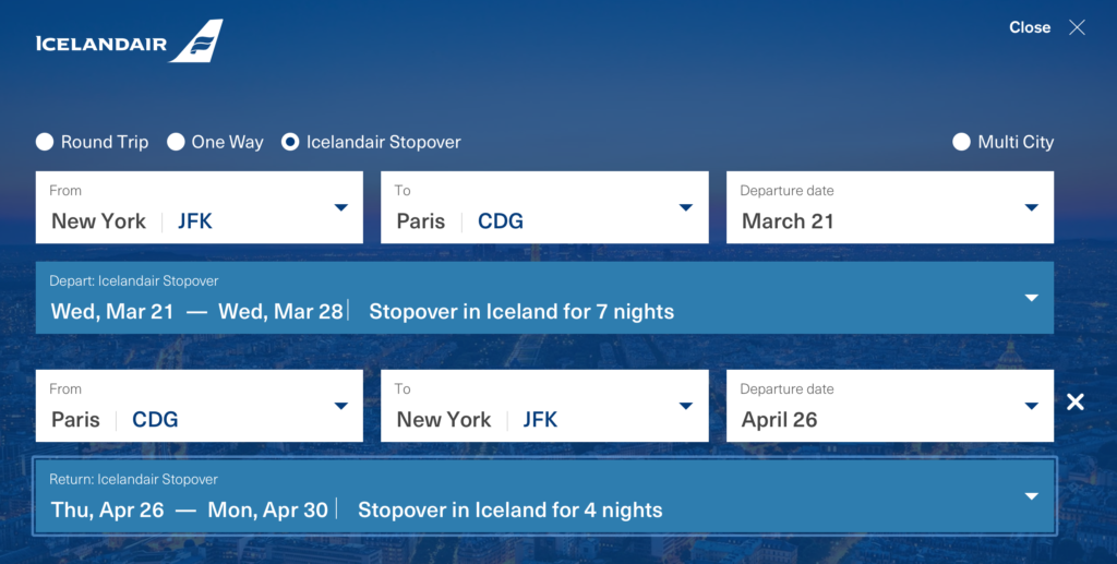 Icelandair Mystopover NYC to Paris example