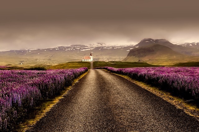 Icelandic road leading to a church