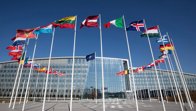 Flags of the members of NATO at the headquarters for the organization