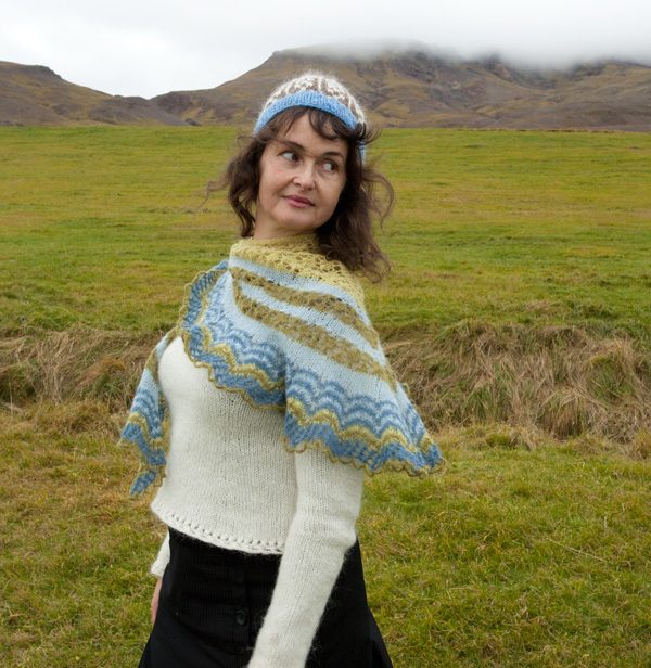 Wool shawl made and modeled by Helene Magnusson out in Icelandic nature