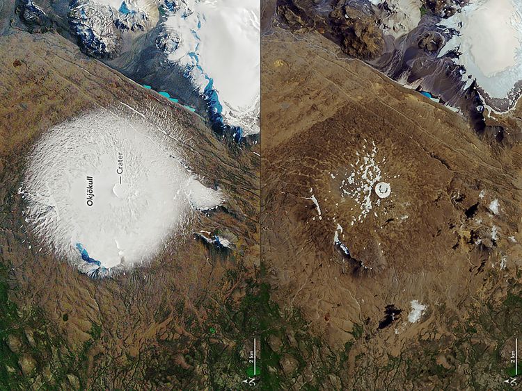 Before and after photo of Okjökull (Ok) glacier in Iceland. 1986 - 2019. It is no longer a glacier. All Things Iceland podcast